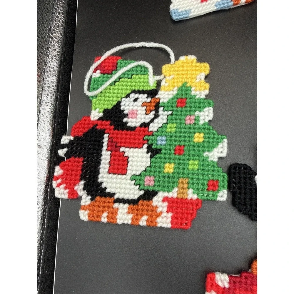 Lot of 8 Plastic Canvas Ornaments Christmas Penguin Snowman Cottage